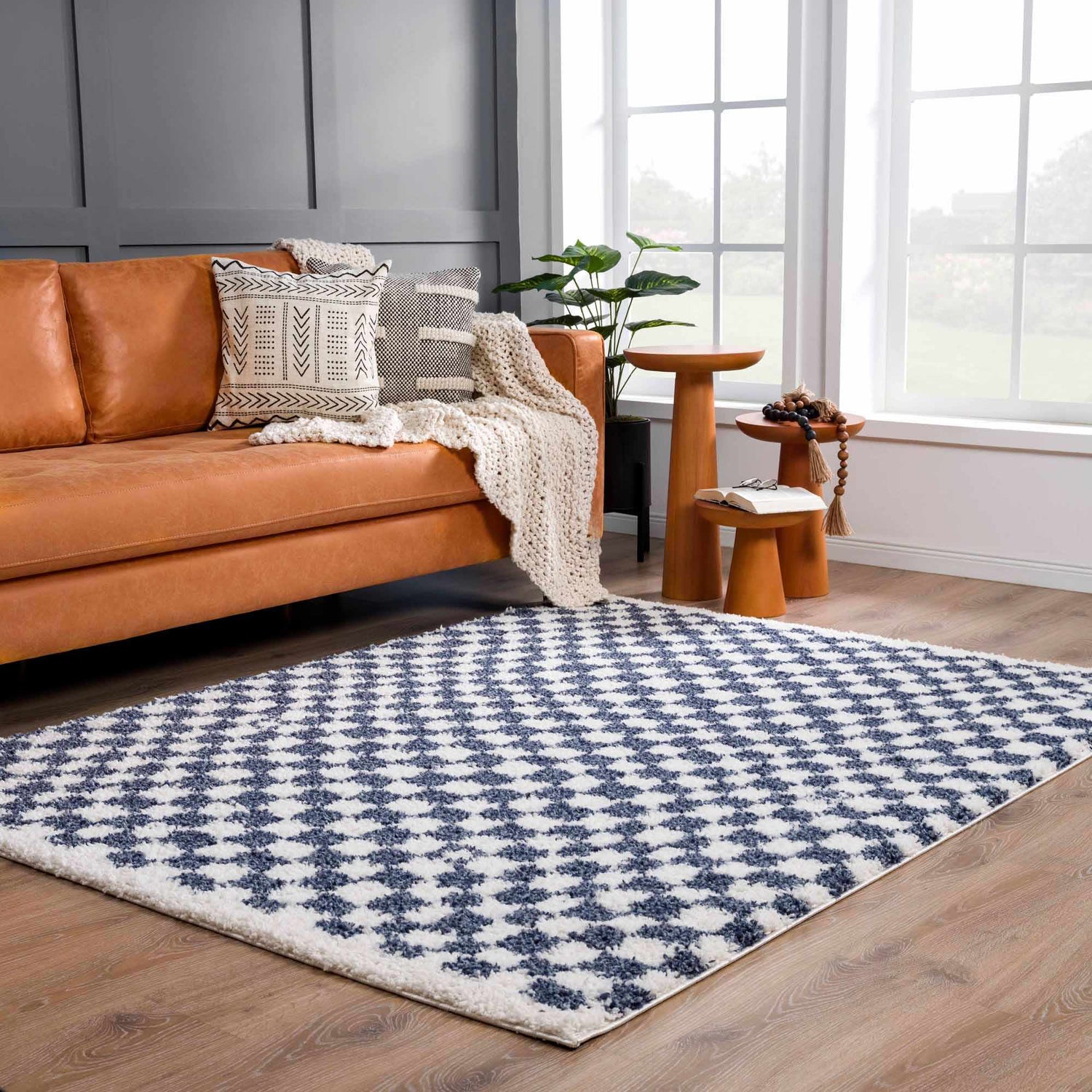 Kieu Blue &amp; White Checkered Area Rug