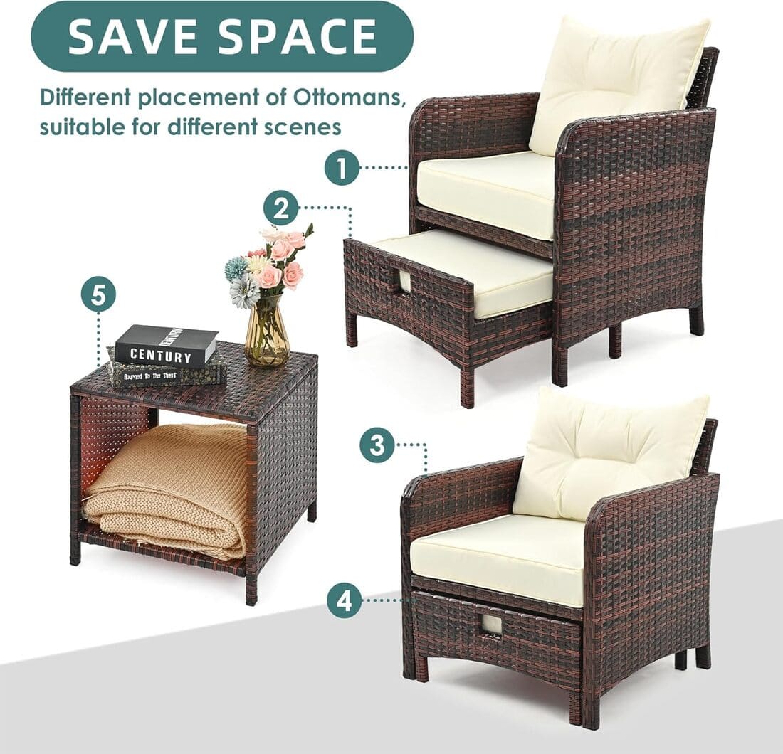 5-Piece Patio Lounge Set, Rattan with Cushions in Beige or Grey