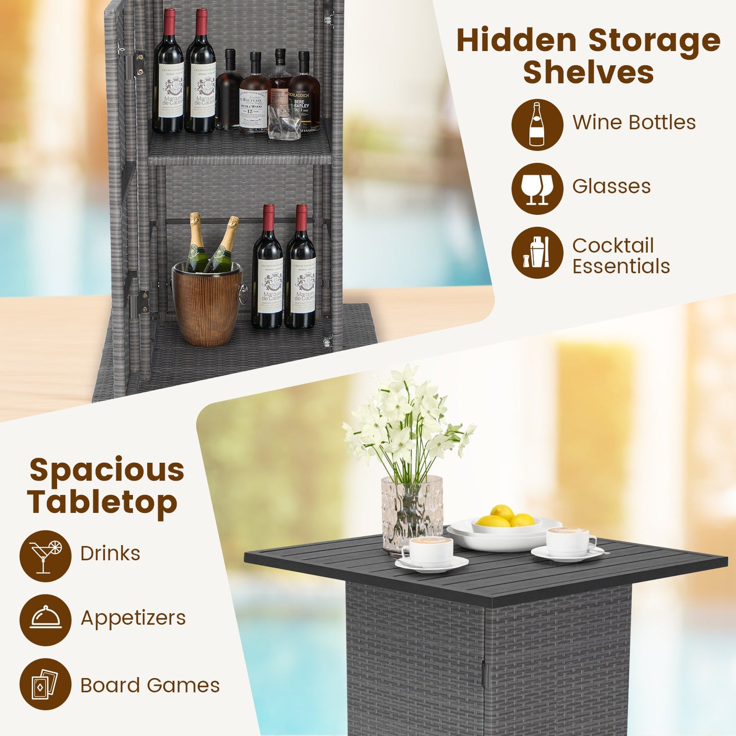 Outdoor Wicker Bar Dining Set with Hidden Storage Shelves - 5 Pc Set