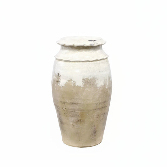 White and Tan Crackle Glazed Round Vase with Waffle Trim