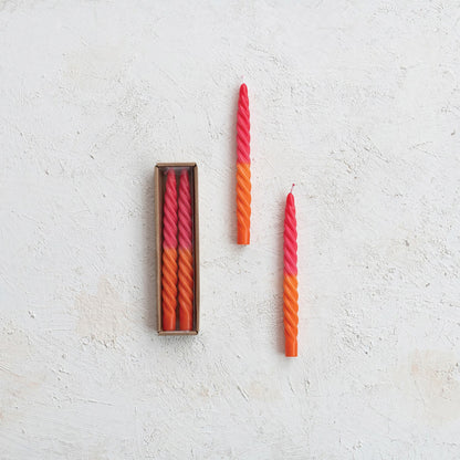 Ombre Fuchsia &amp; Orange Unscented Twisted Taper Candles | Set of 2