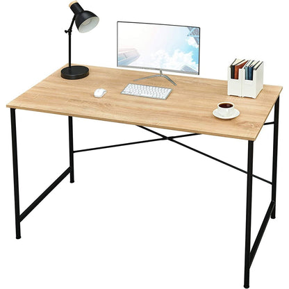 Simple Home Office Computer Desk with Black Metal Frame/Wood Top in Oak
