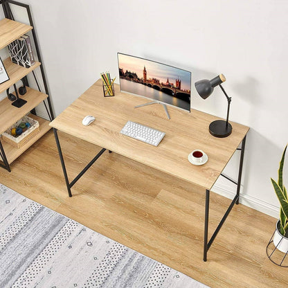 Simple Home Office Computer Desk with Black Metal Frame/Wood Top in Oak
