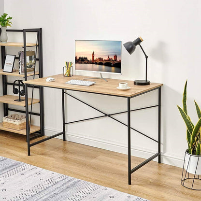 Simple Home Office Computer Desk with Black Metal Frame/Wood Top in Oak
