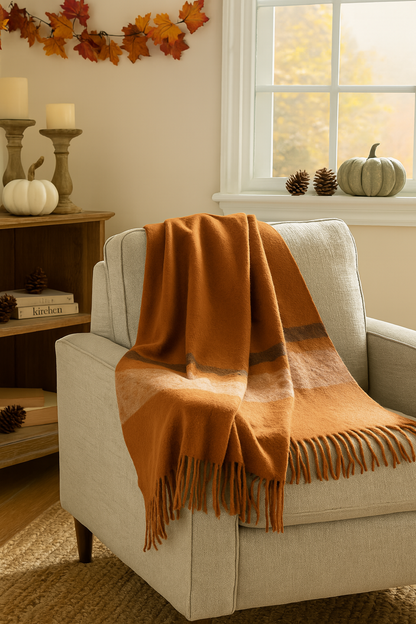 Brushed Orange Acrylic &amp; New Zealand Wool Throw Blanket with Stripes &amp; Fringe