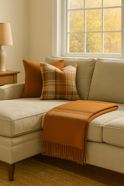 Brushed Orange Acrylic &amp; New Zealand Wool Throw Blanket with Stripes &amp; Fringe