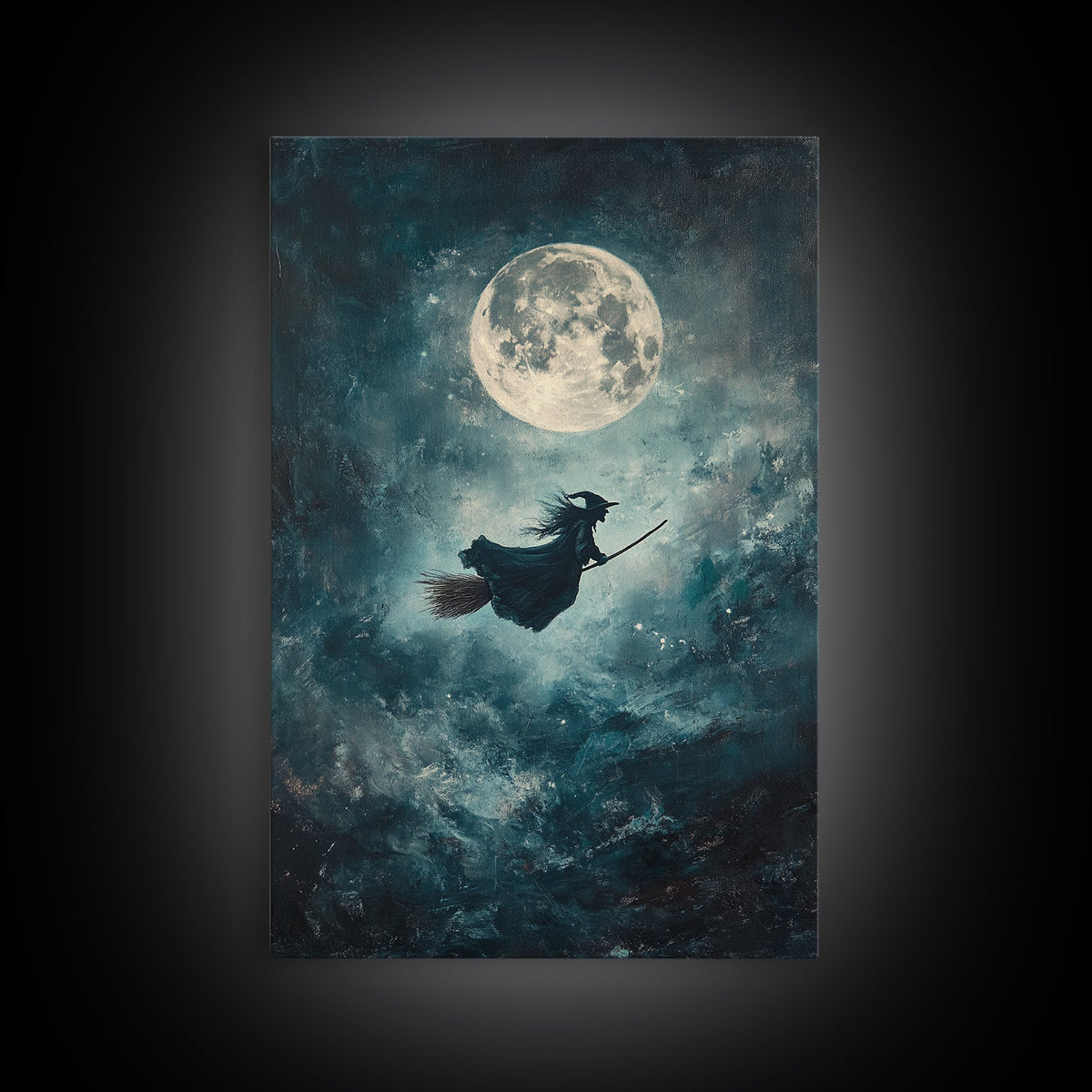 Witch Riding Under a Full Moon - Framed Canvas Print