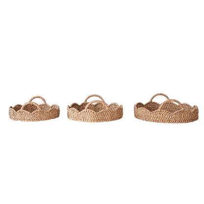 Braided Bankuan &amp; Rattan Scalloped Tray with Handles - 3 Sizes