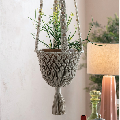 Cotton Macrame Plant Hanger with Wood Beads &amp; Tassel