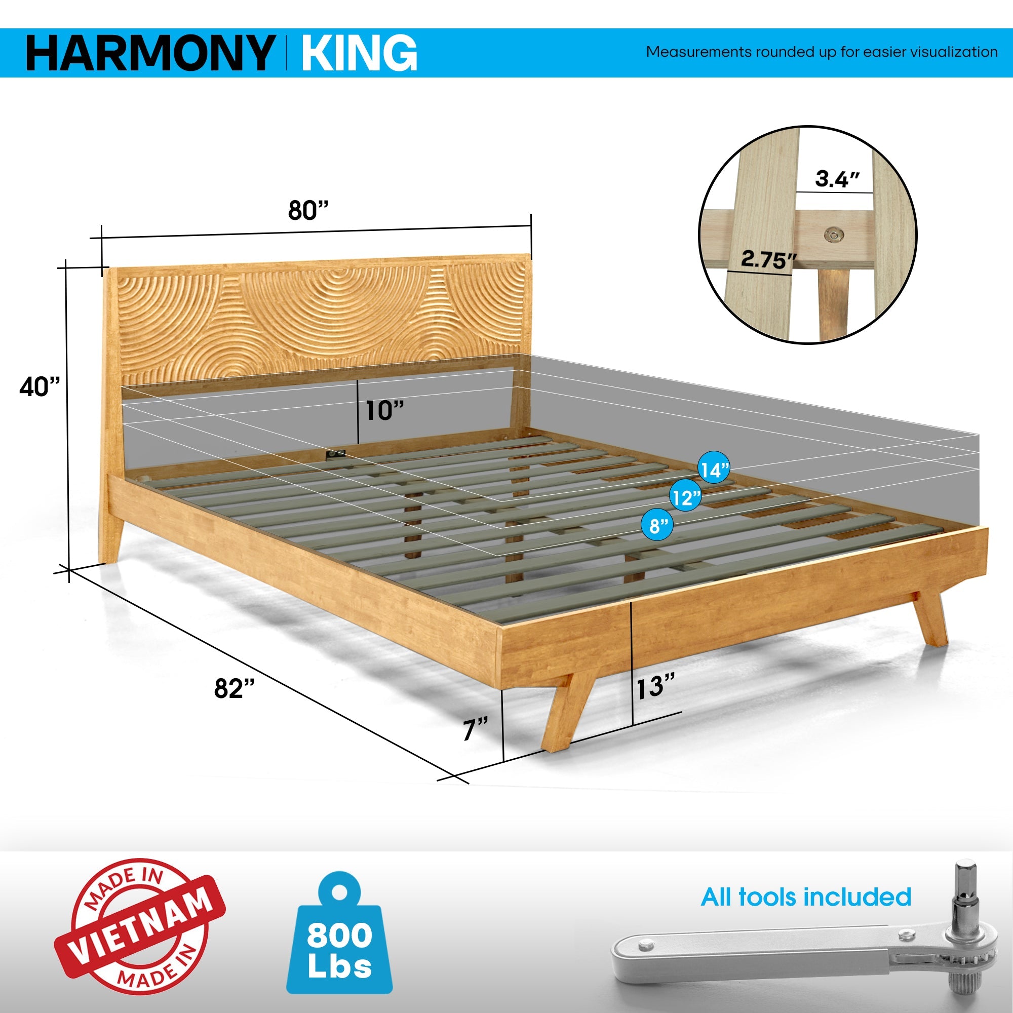 Harmony Acacia Solid Wood Platform Bed Frame in Caramel, Natural Oak, Walnut