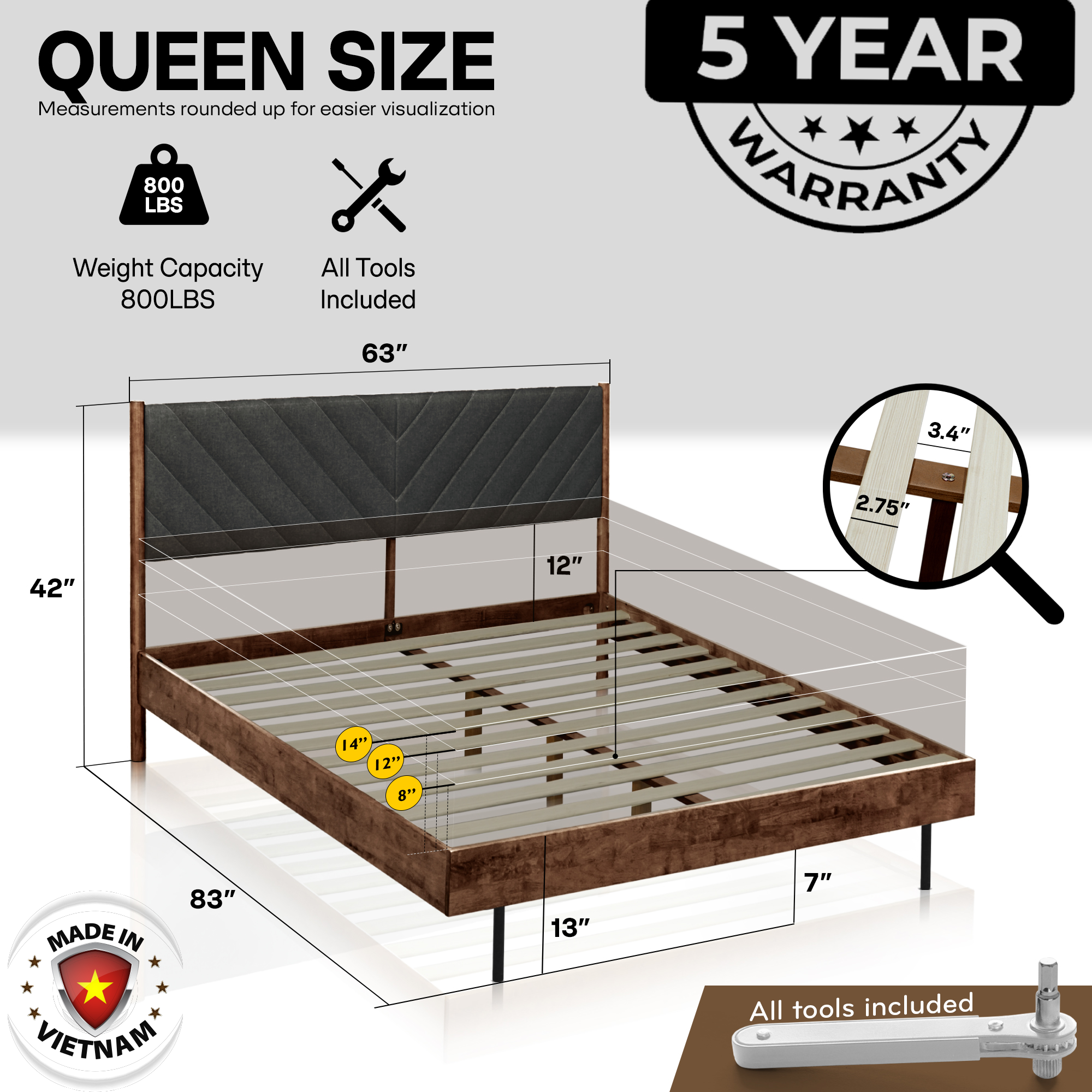Acacia Astoria Upholstered Solid Wood Bed In Caramel or Walnut