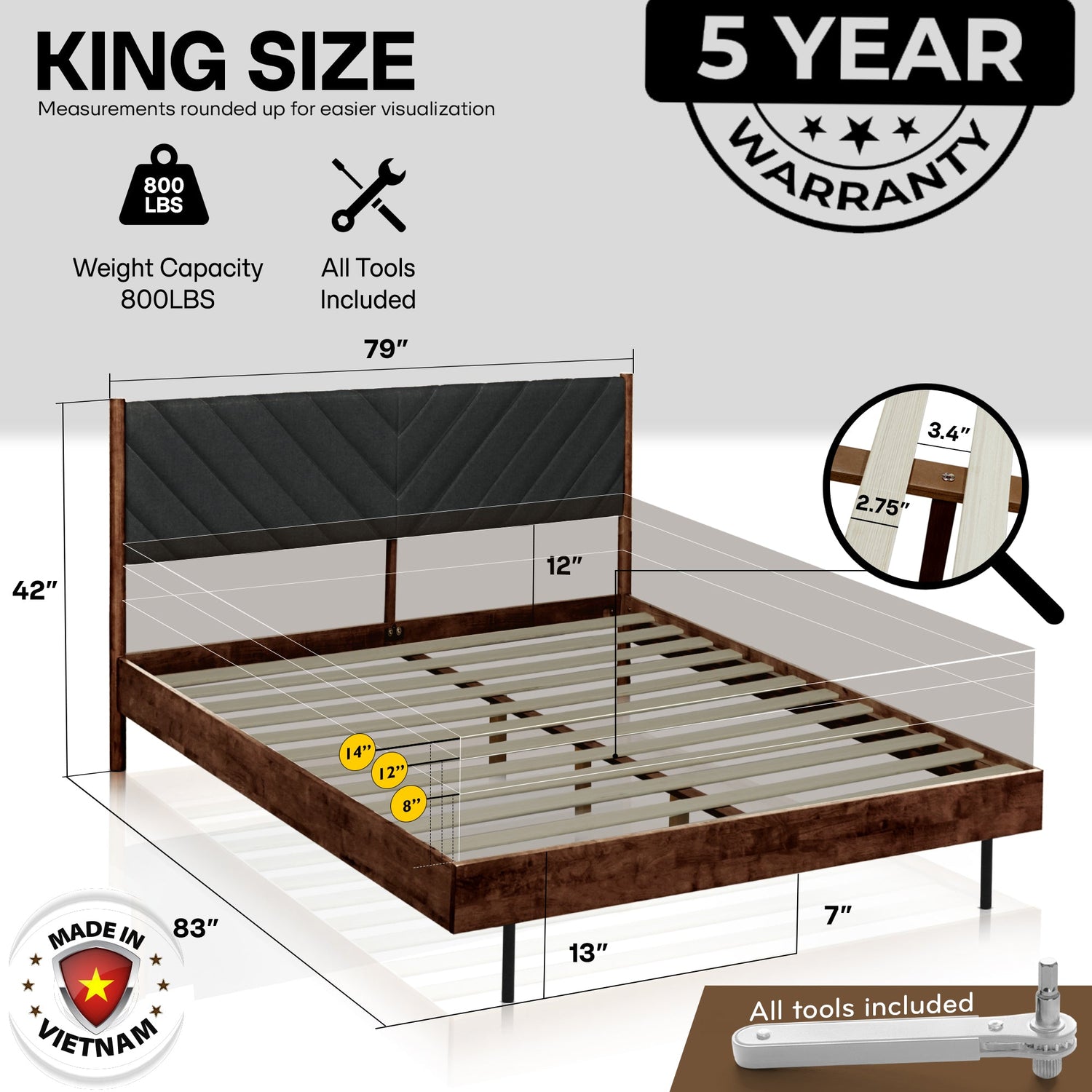 Acacia Astoria Upholstered Solid Wood Bed In Caramel or Walnut