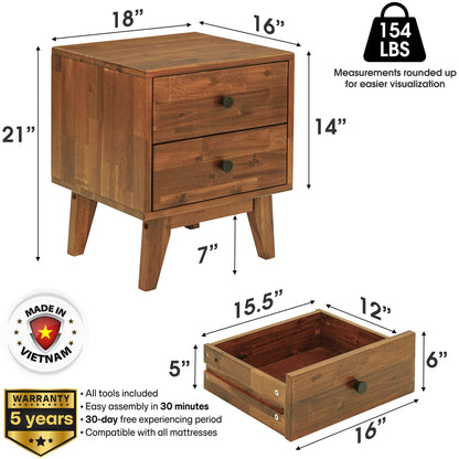 Acacia Silvia 2-Drawer Solid Wood Nightstand for Modern Bedrooms