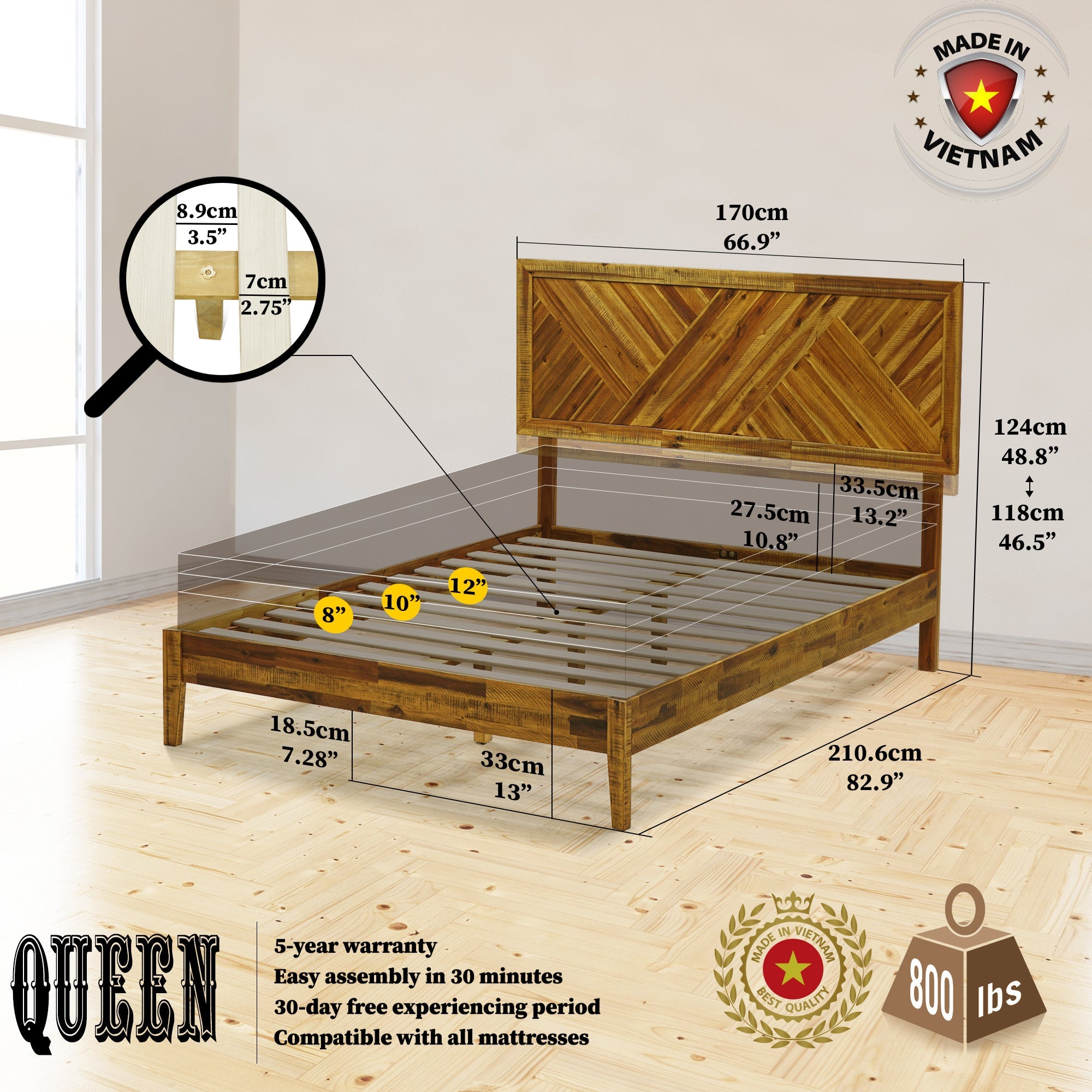 Acacia Sierra Deluxe Solid Wood Bed Frame - in Ebony, Walnut, or Early American