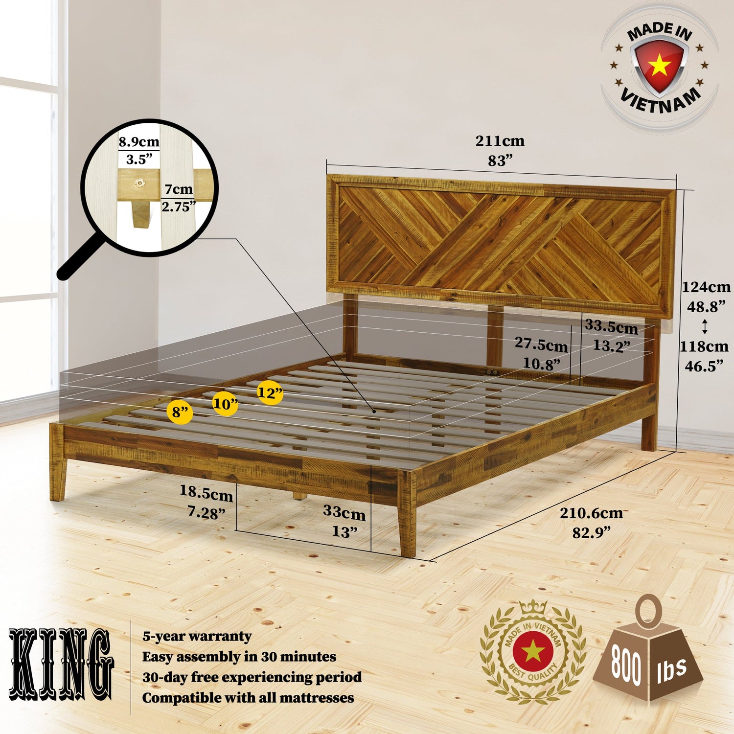 Acacia Sierra Deluxe Solid Wood Bed Frame - in Ebony, Walnut, or Early American