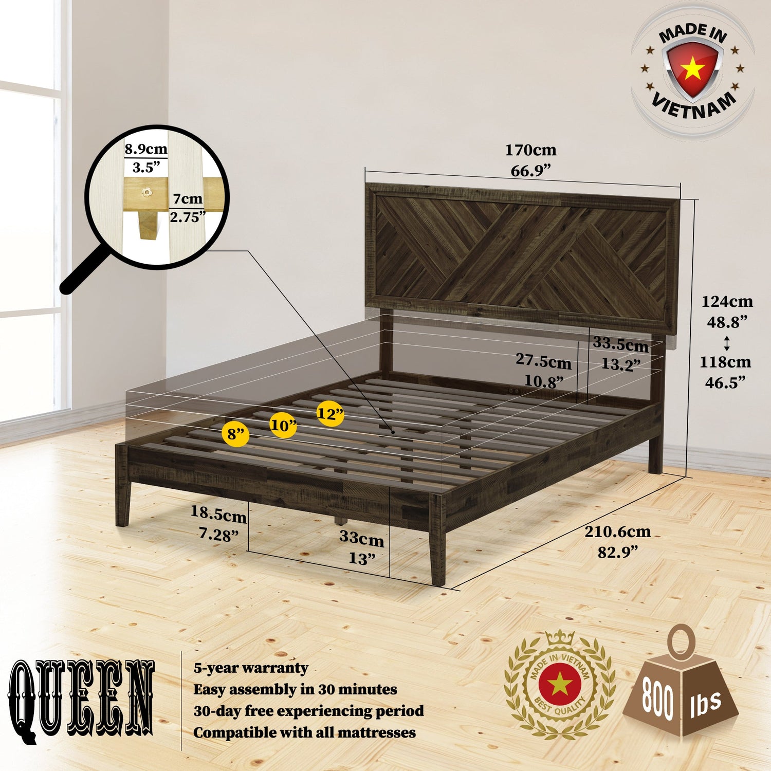 Acacia Sierra Deluxe Solid Wood Bed Frame - in Ebony, Walnut, or Early American