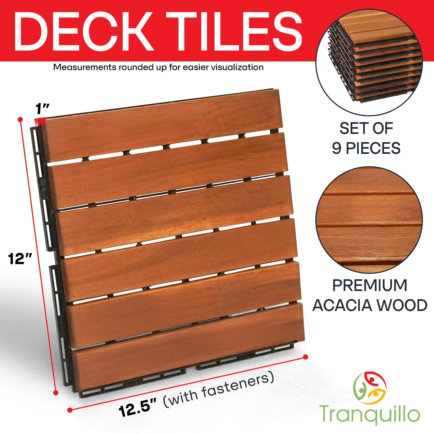 Solid Wood Deck Tiles Solid Slat Style - Box of 9, 2 Colors