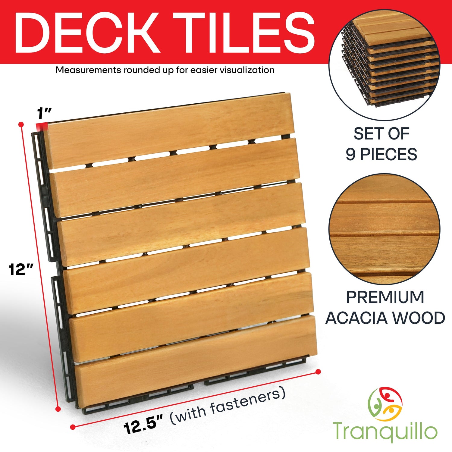 Solid Wood Deck Tiles Solid Slat Style - Box of 9, 2 Colors