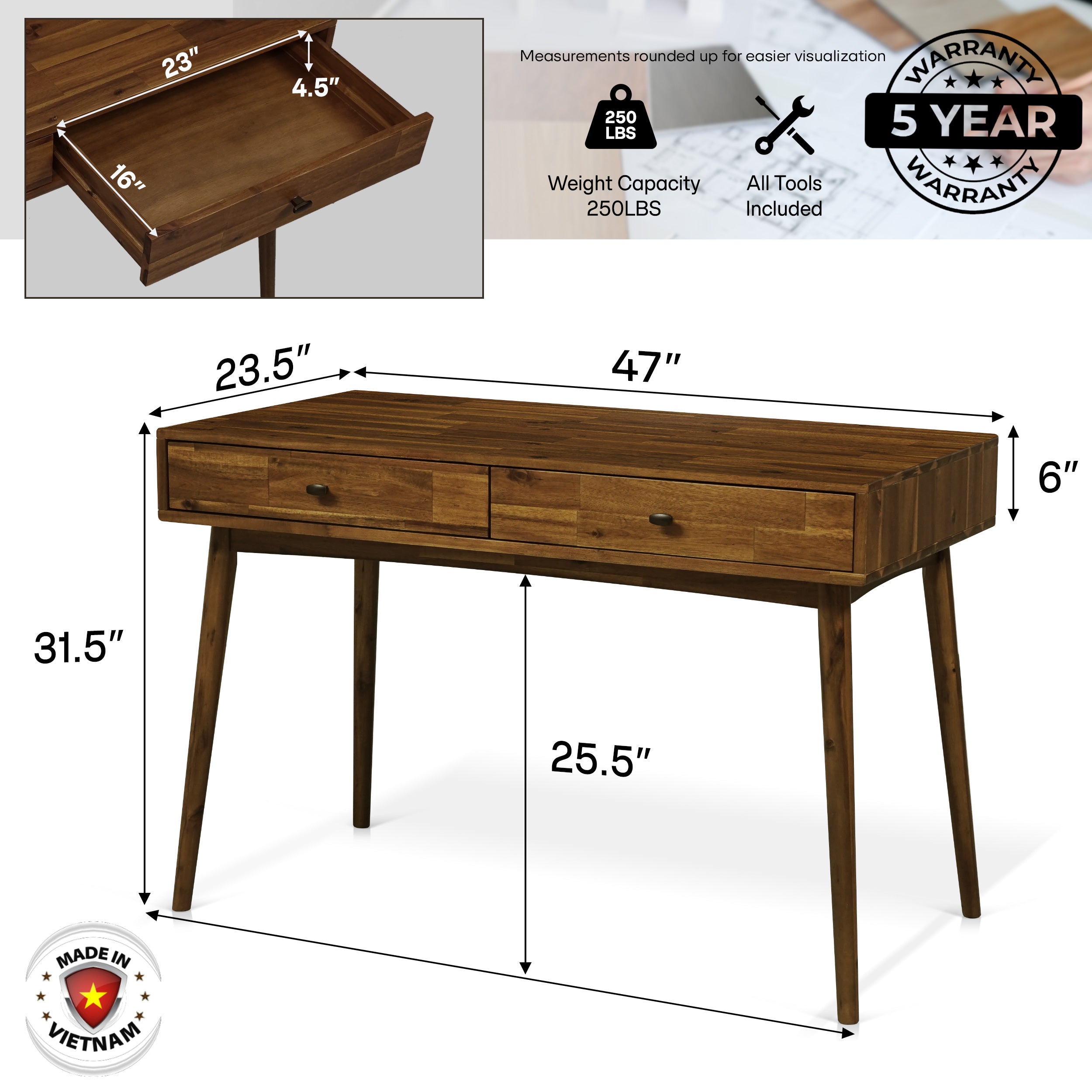 Acacia Lagom 48" Solid Wood Work Desk with Drawers In Multiple Finishes