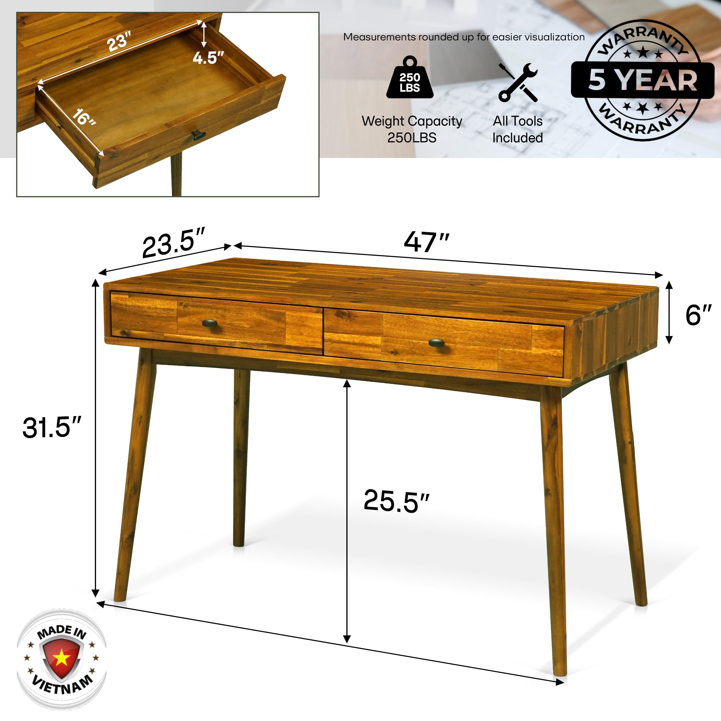 Acacia Lagom 48" Solid Wood Work Desk with Drawers In Multiple Finishes