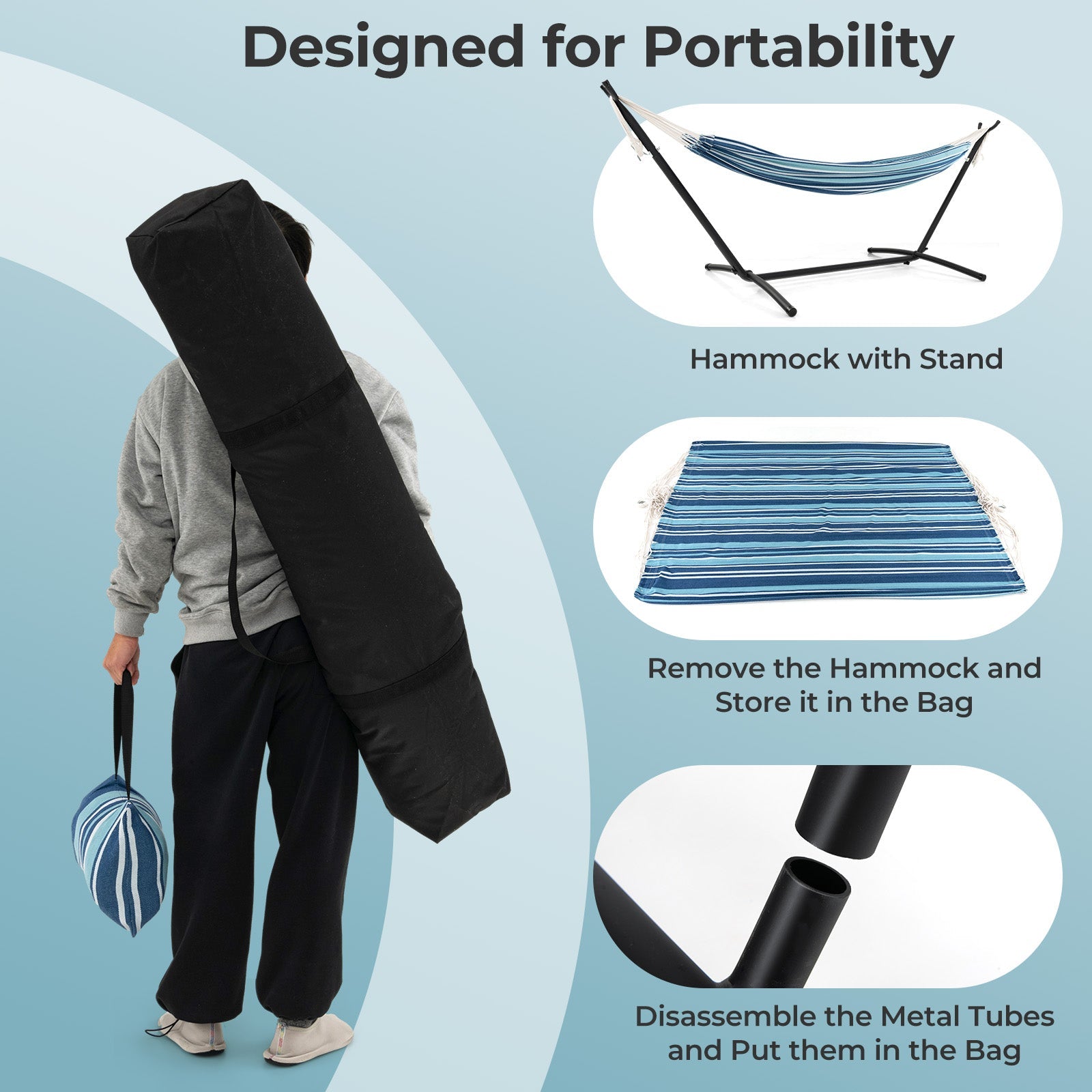 Portable 2-Person Double Hammock Set with Stand and Carrying Cases - Blue