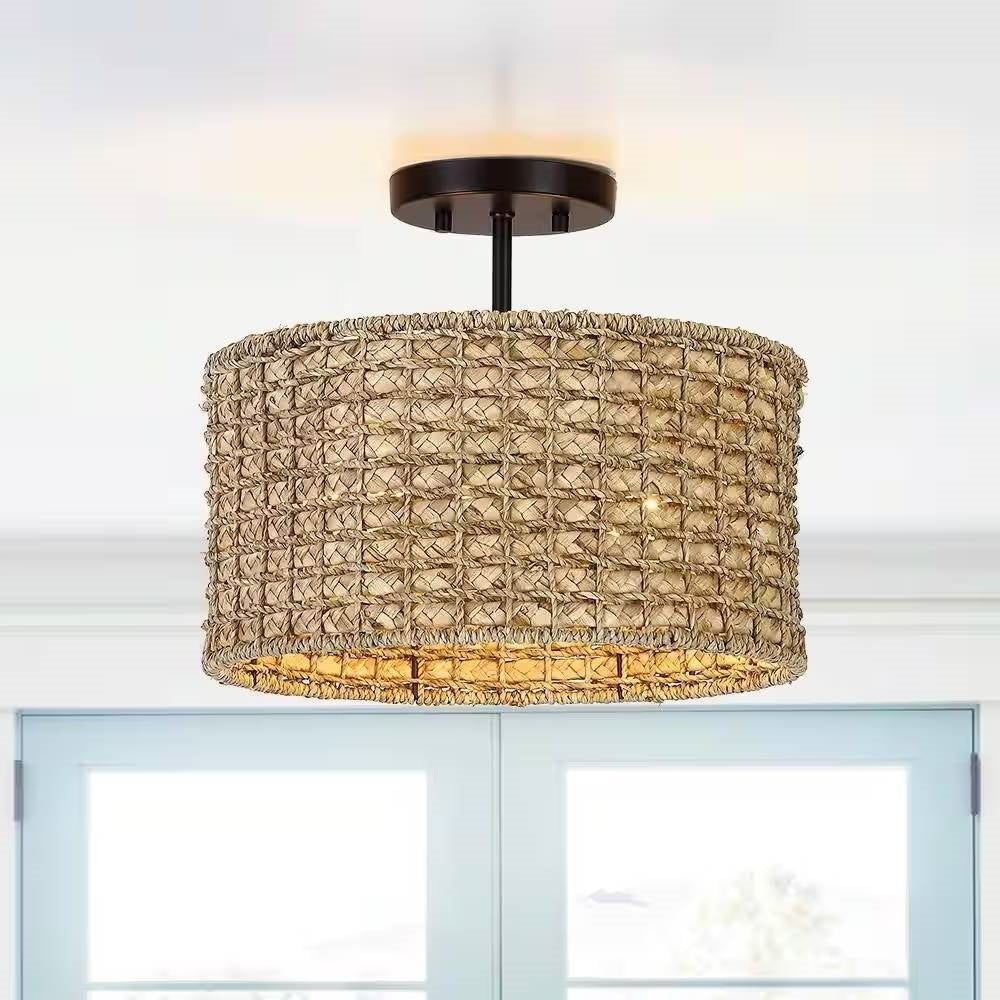 13.6" Rattan Drum Semi-Flush Mount Ceiling Light