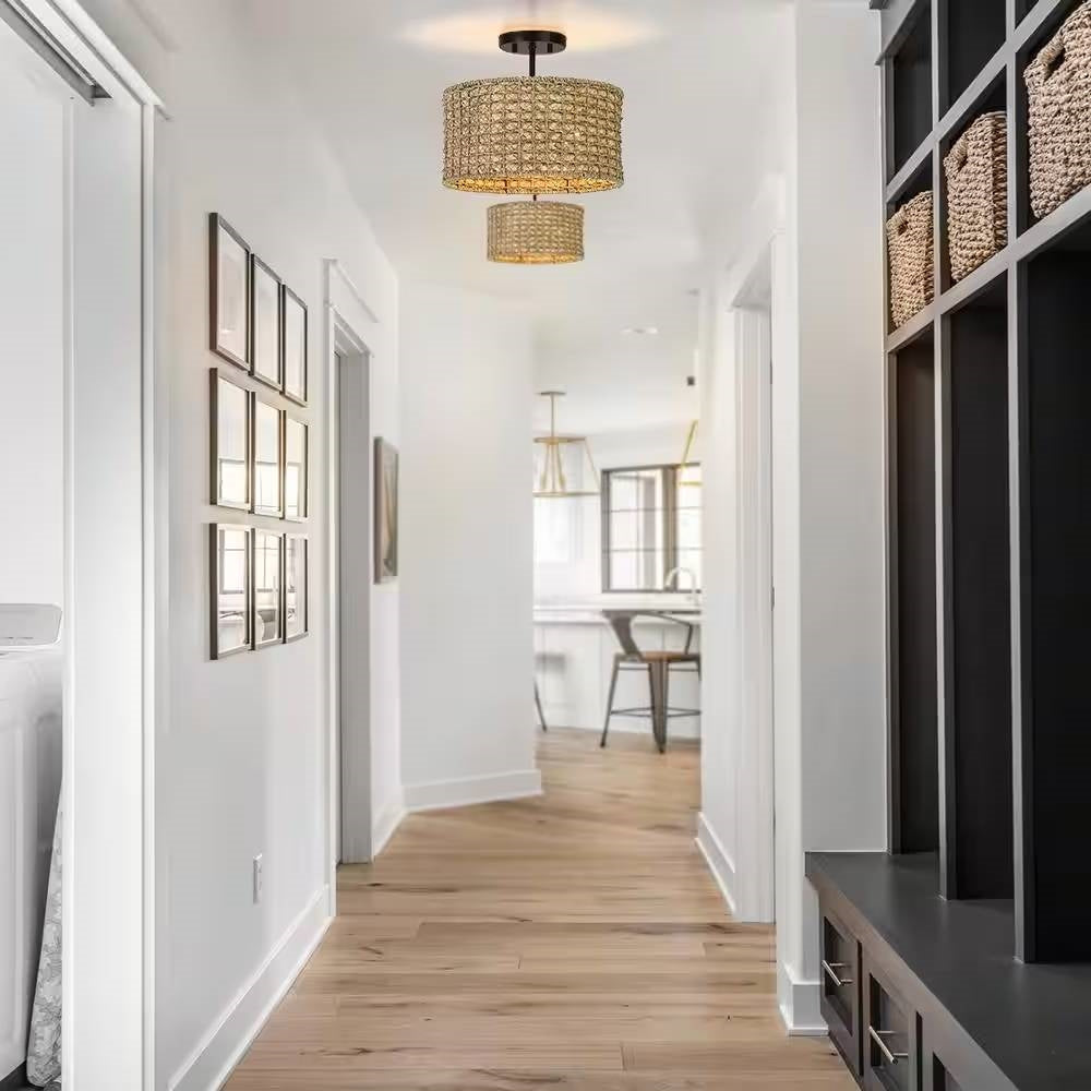 13.6" Rattan Drum Semi-Flush Mount Ceiling Light