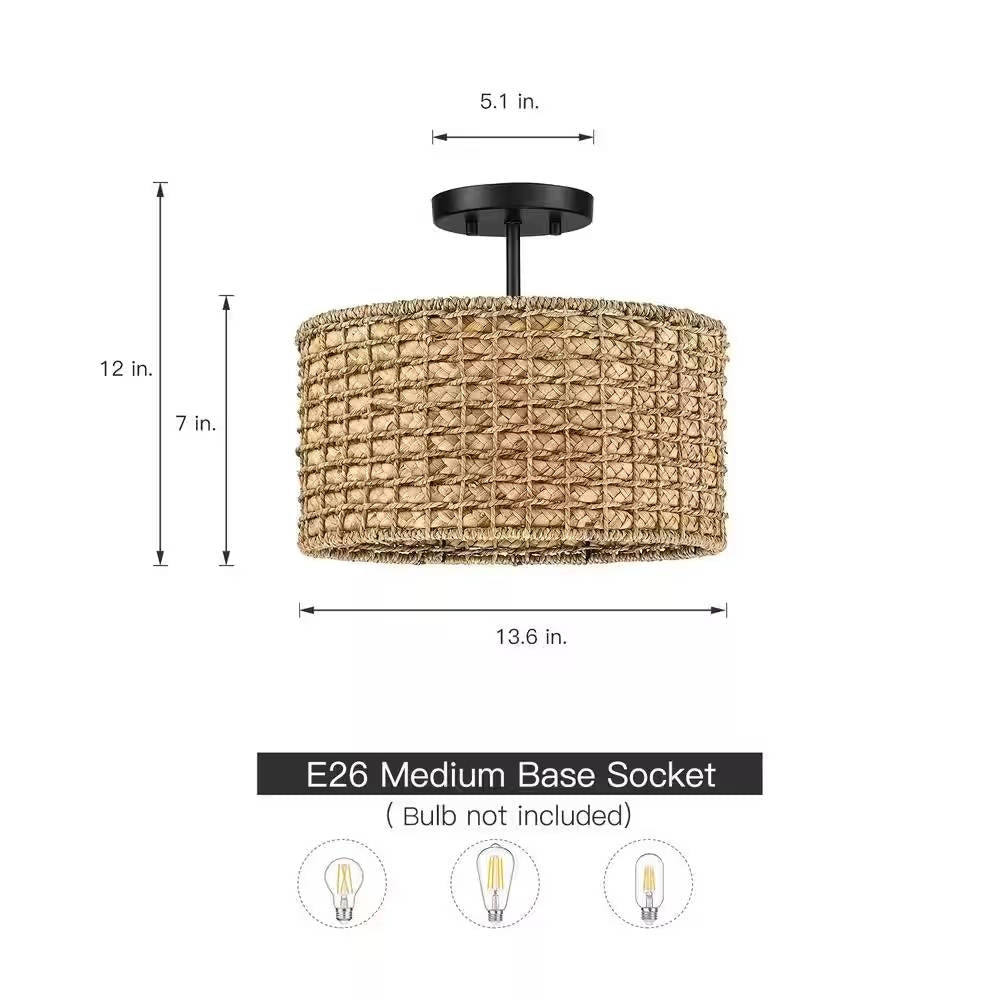 13.6" Rattan Drum Semi-Flush Mount Ceiling Light