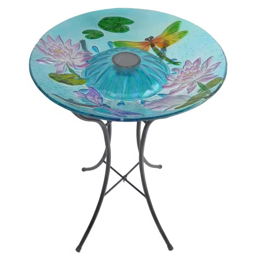 Glass Bowl Bird Bath with Black Metal Stand and Solar Powered Light - Teal With Dragonflies and Flowers
