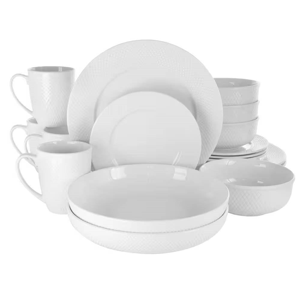 18-Piece White Porcelain Diamond Dinnerware Set with Plate/ Bowls/Mugs - Service for 4
