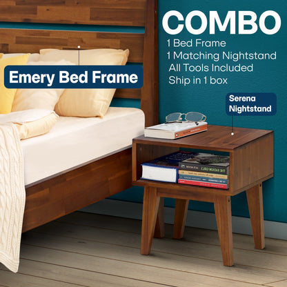 Emery Bed Frame &amp; Nightstand Set - Acacia Solid Wood in Walnut, or Americano