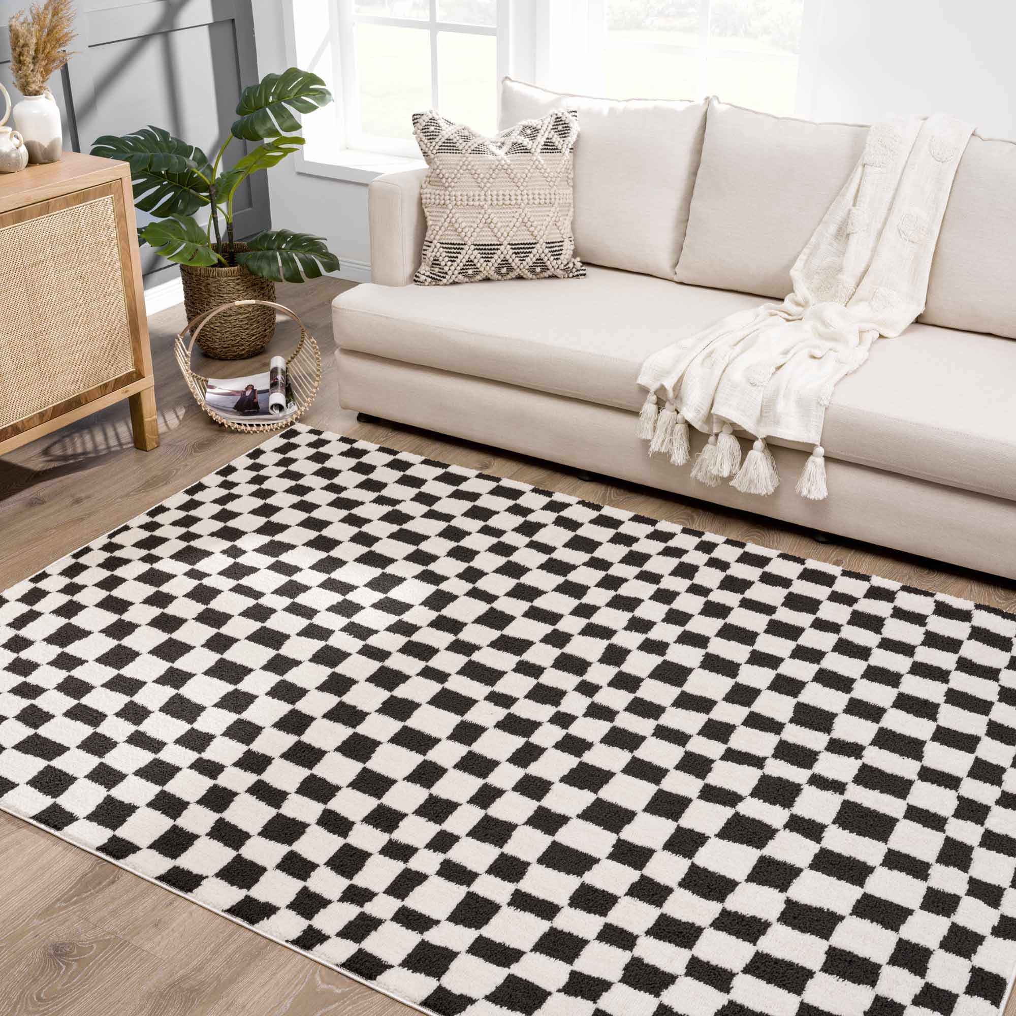 Lajos Black &amp; White Checkered Plush Rug