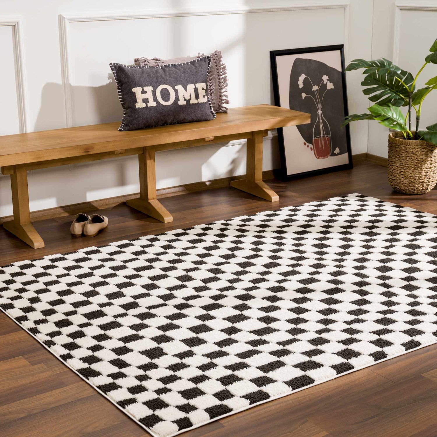 Lajos Black &amp; White Checkered Plush Rug