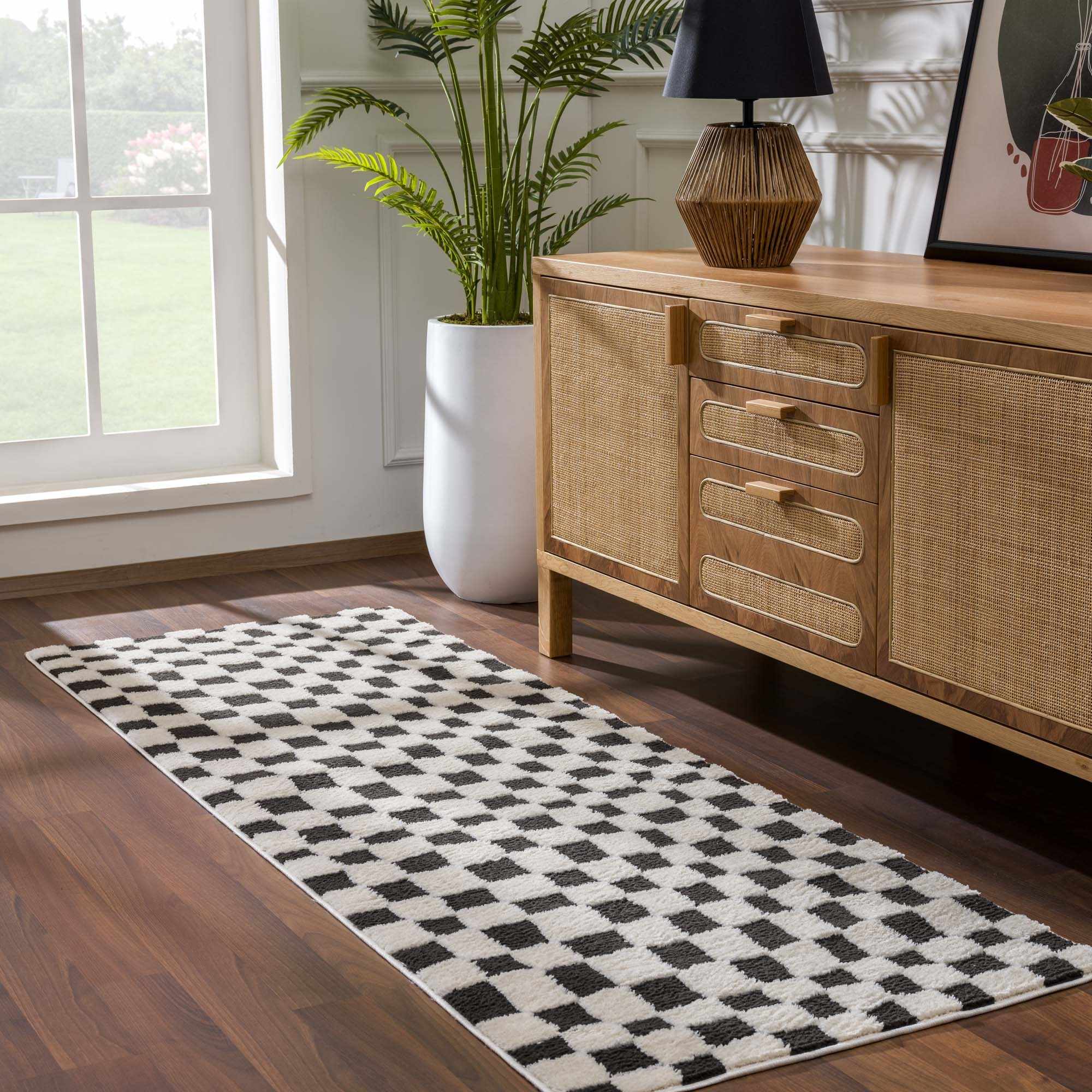 Lajos Black &amp; White Checkered Plush Rug