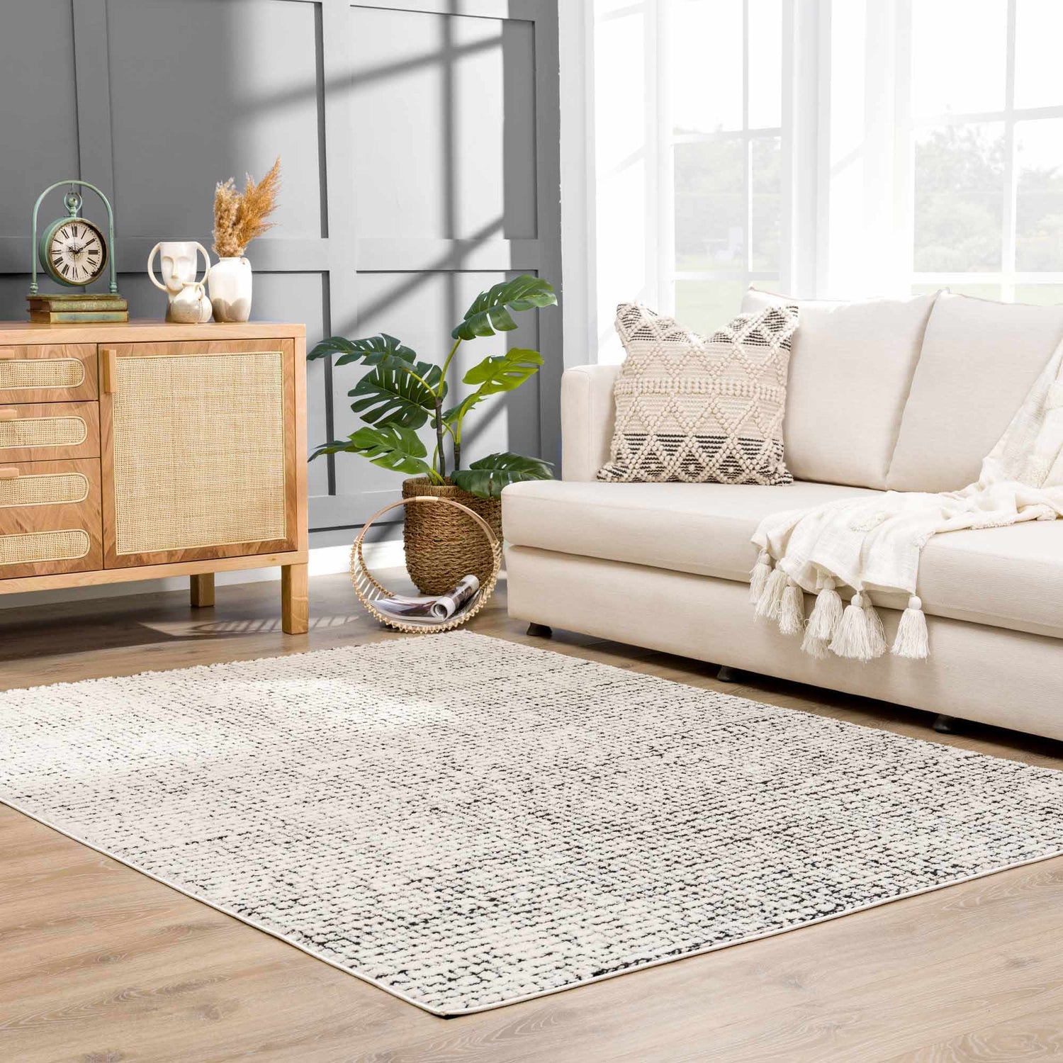 Keita Cream &amp; Black Grid Plush Rug