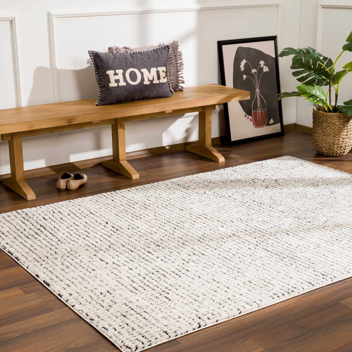 Keita Cream &amp; Black Grid Plush Rug