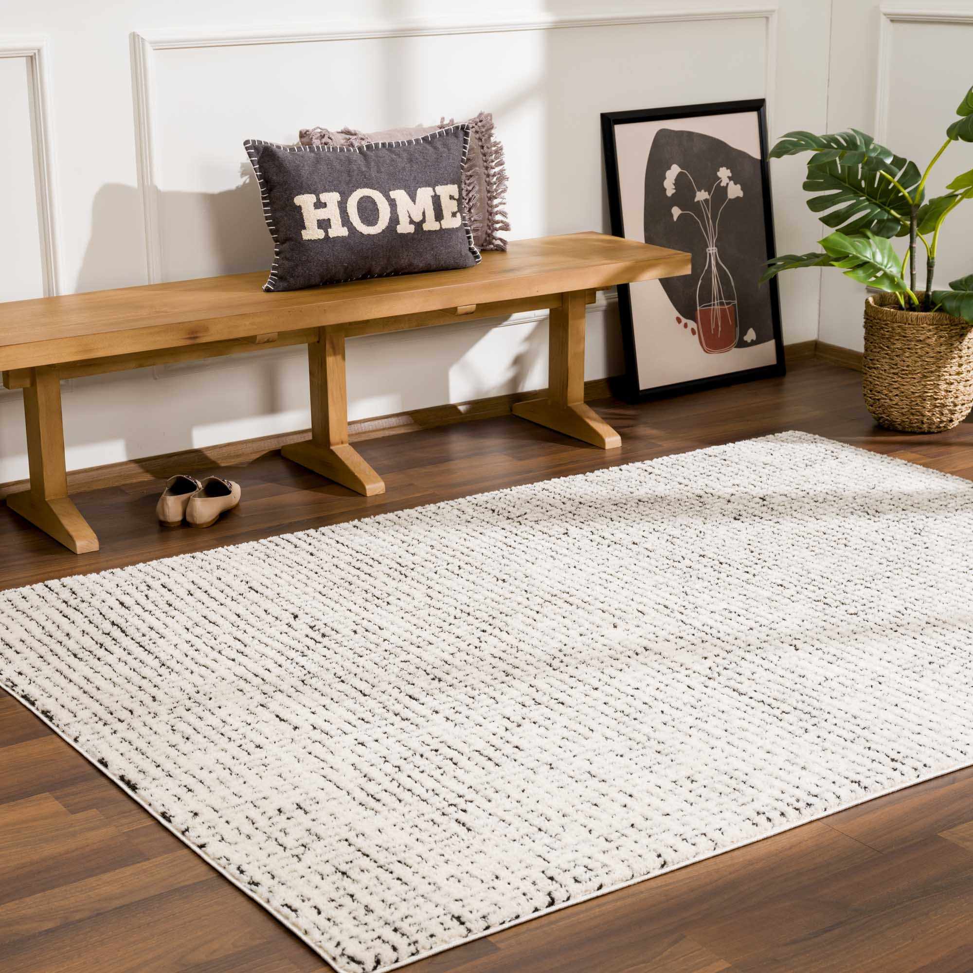 Keita Cream &amp; Black Grid Plush Rug