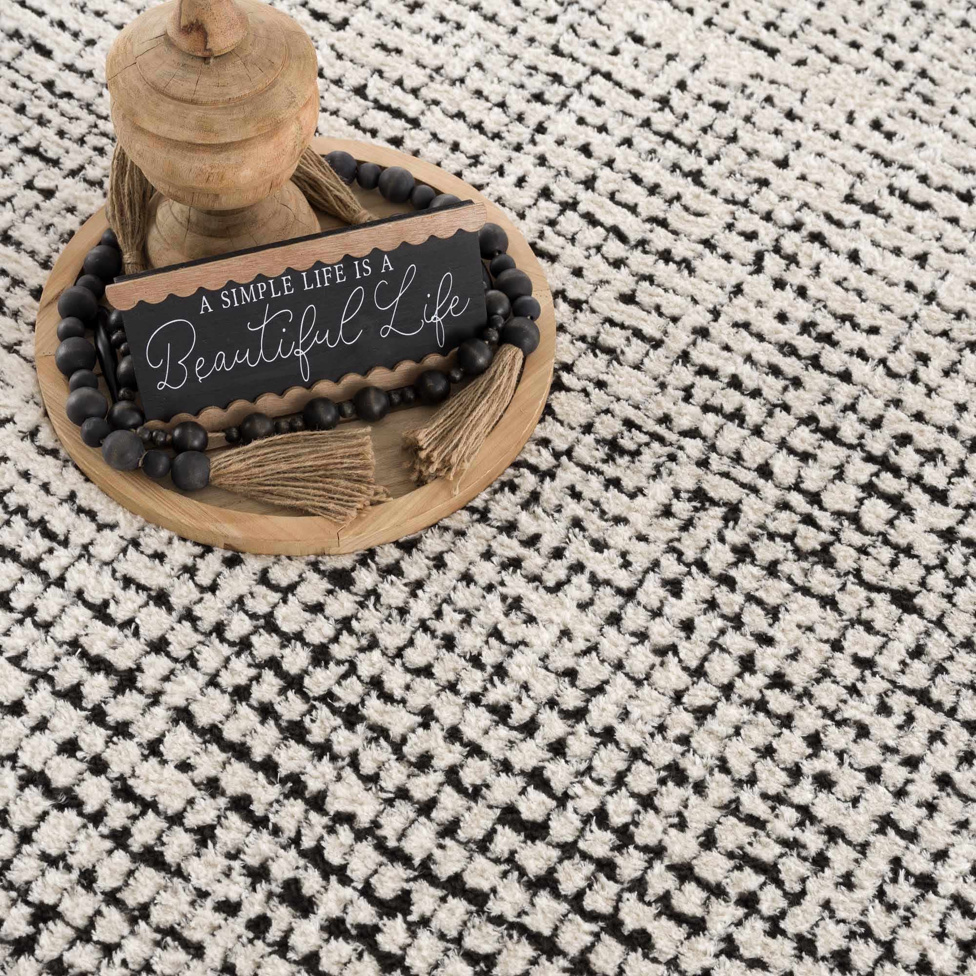 Keita Cream &amp; Black Grid Plush Rug
