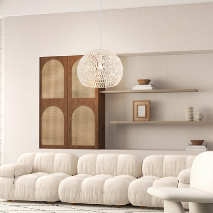 Round Rattan Pendant Lights with Adjustable Hanging Rope-Beige