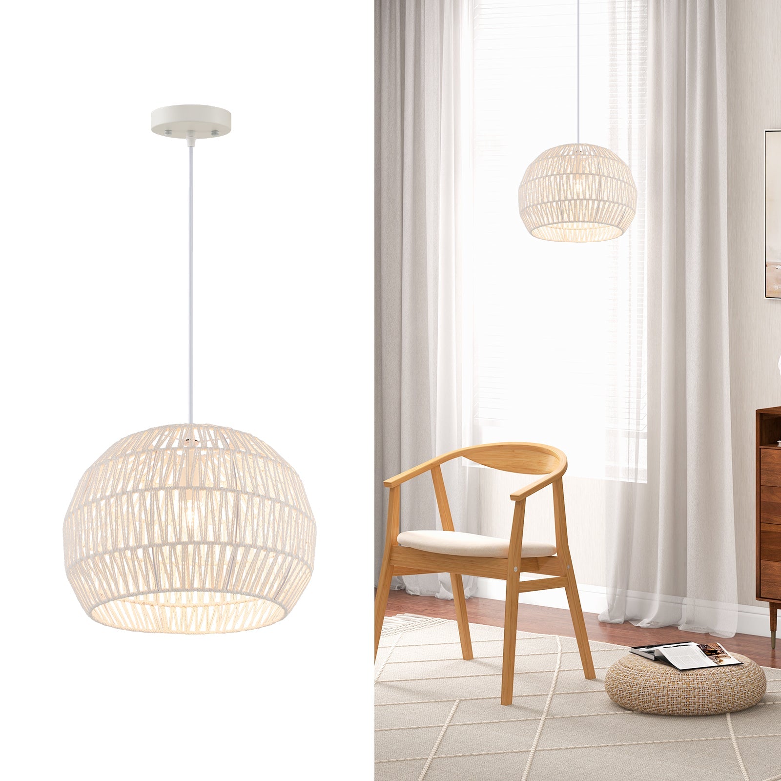 Round Rattan Pendant Lights with Adjustable Hanging Rope-Beige