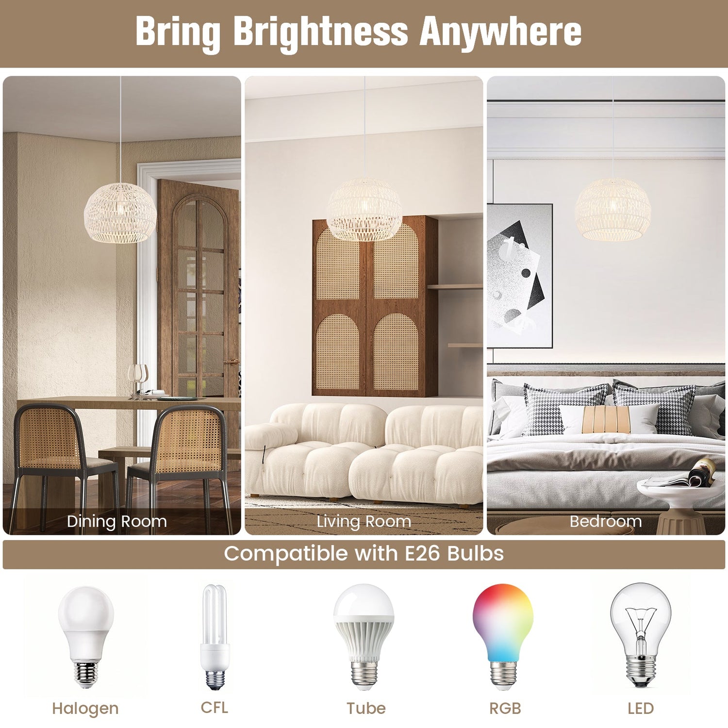 Round Rattan Pendant Lights with Adjustable Hanging Rope-Beige