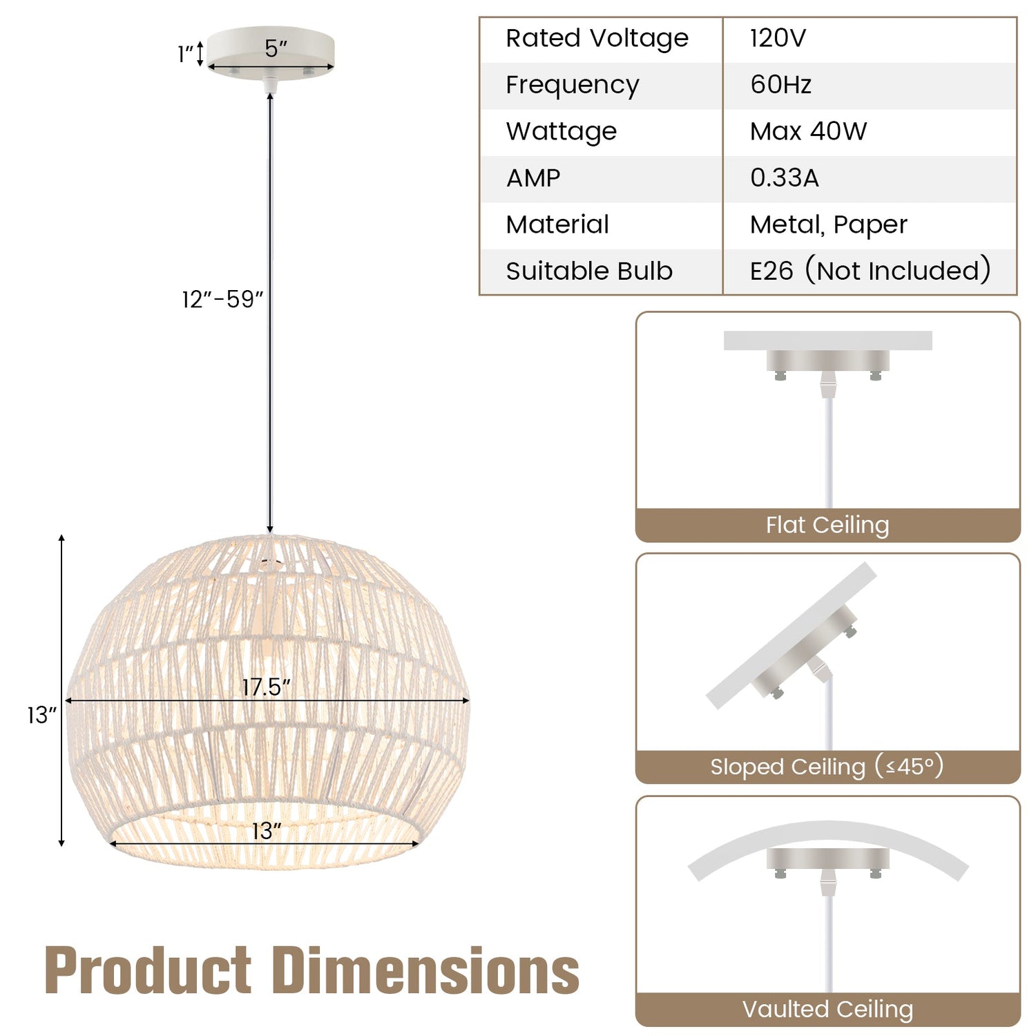 Round Rattan Pendant Lights with Adjustable Hanging Rope-Beige