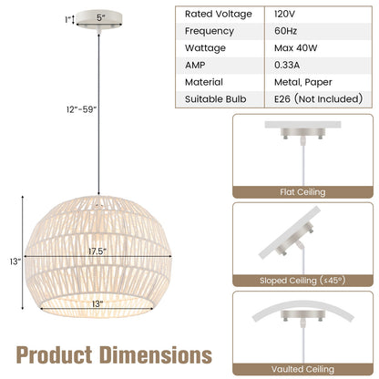 Round Rattan Pendant Lights with Adjustable Hanging Rope-Beige