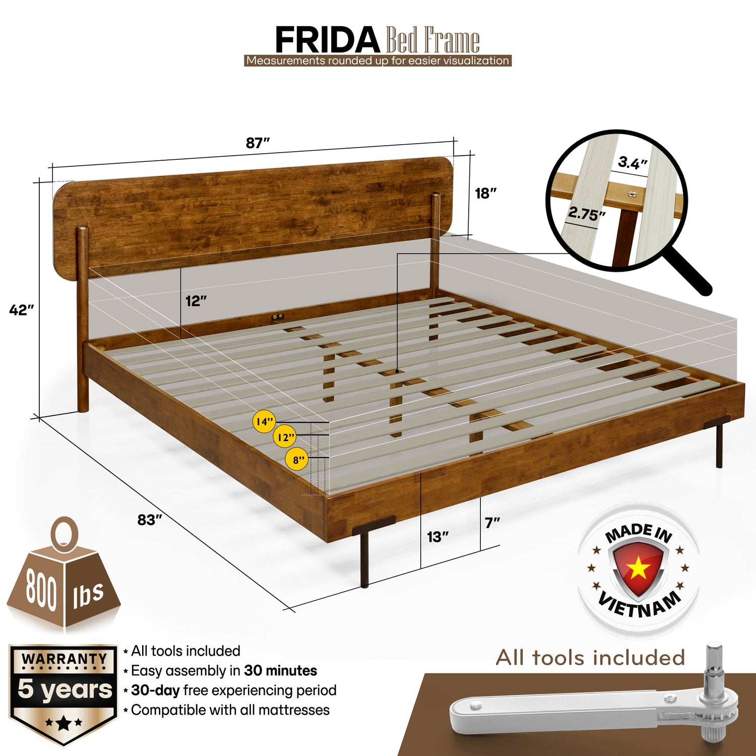 Frida Deluxe Solid Wood Bed Frame - Premium Quality Craftsmanship and Timeless Elegance