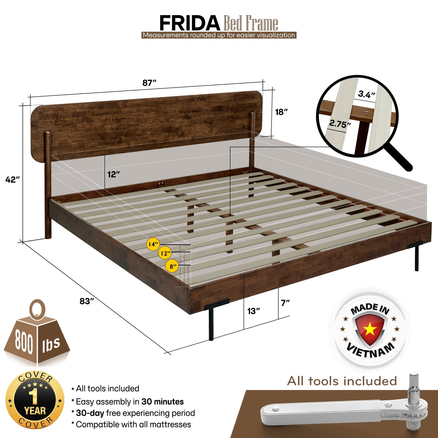 Frida Solid Wood Bed Frame in Caramel or Walnut
