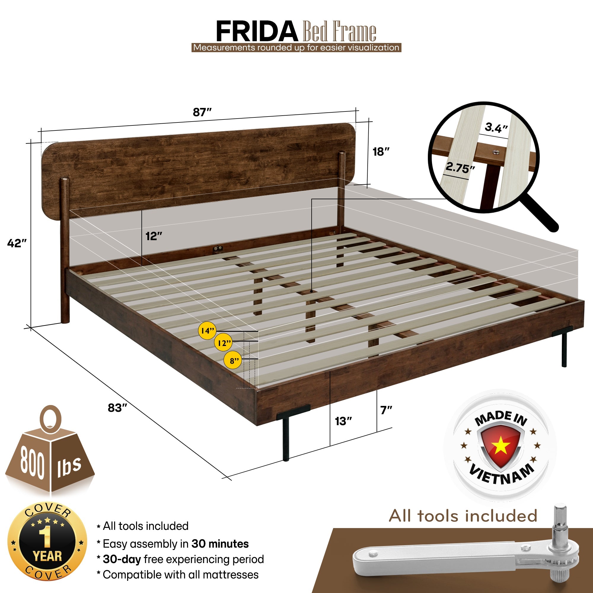 Frida Solid Wood Bed Frame in Caramel or Walnut