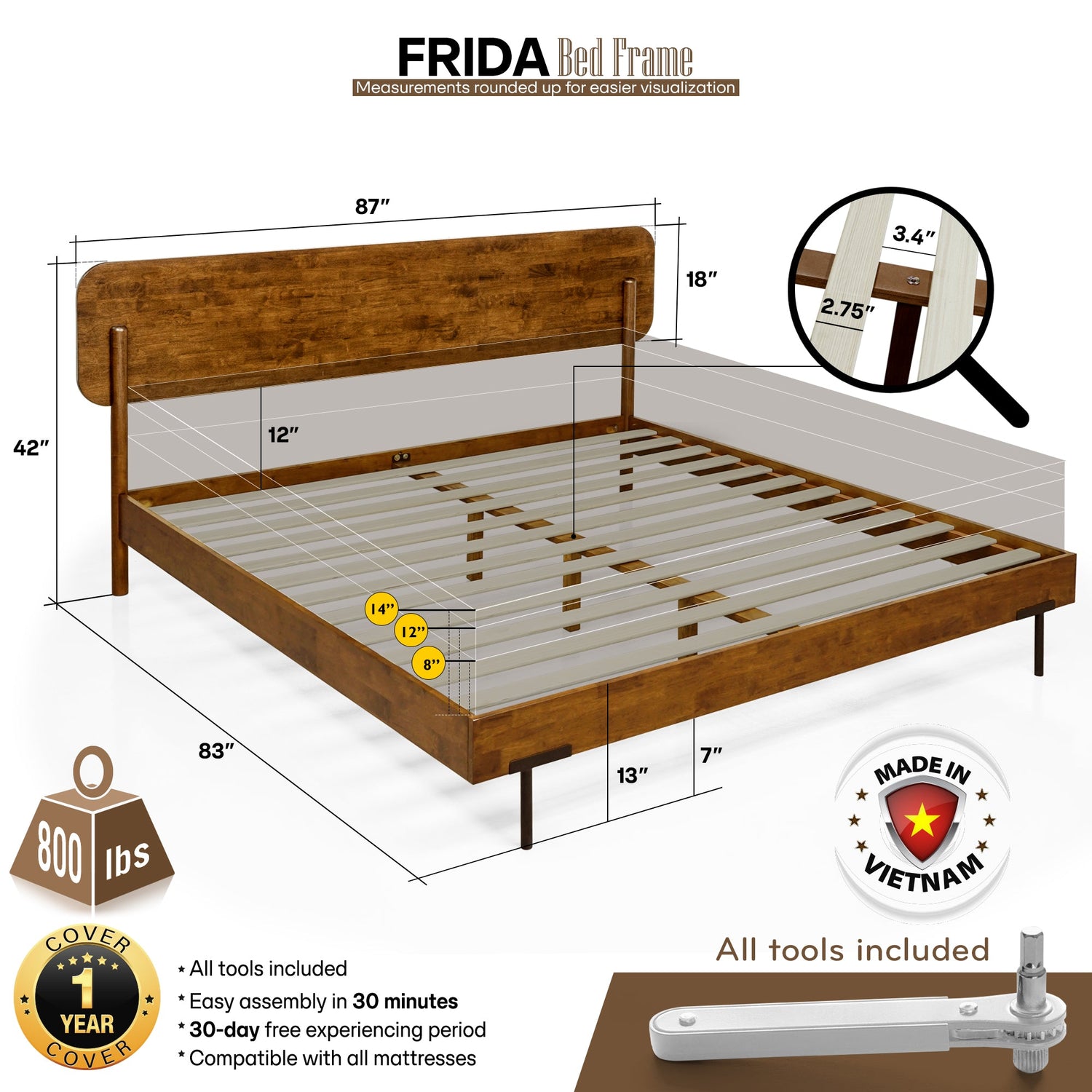 Frida Solid Wood Bed Frame in Caramel or Walnut