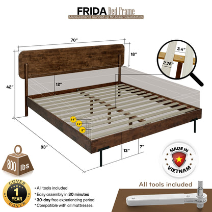 Frida Solid Wood Bed Frame in Caramel or Walnut