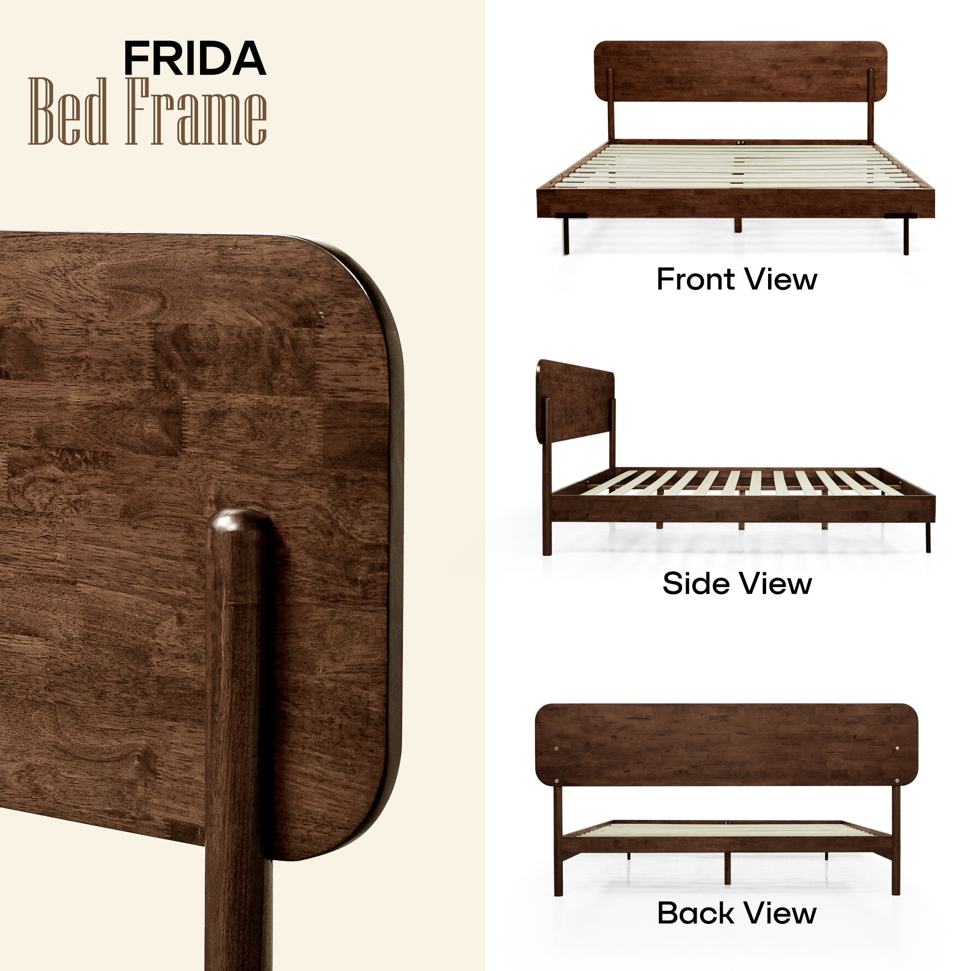 Frida Solid Wood Bed Frame in Caramel or Walnut