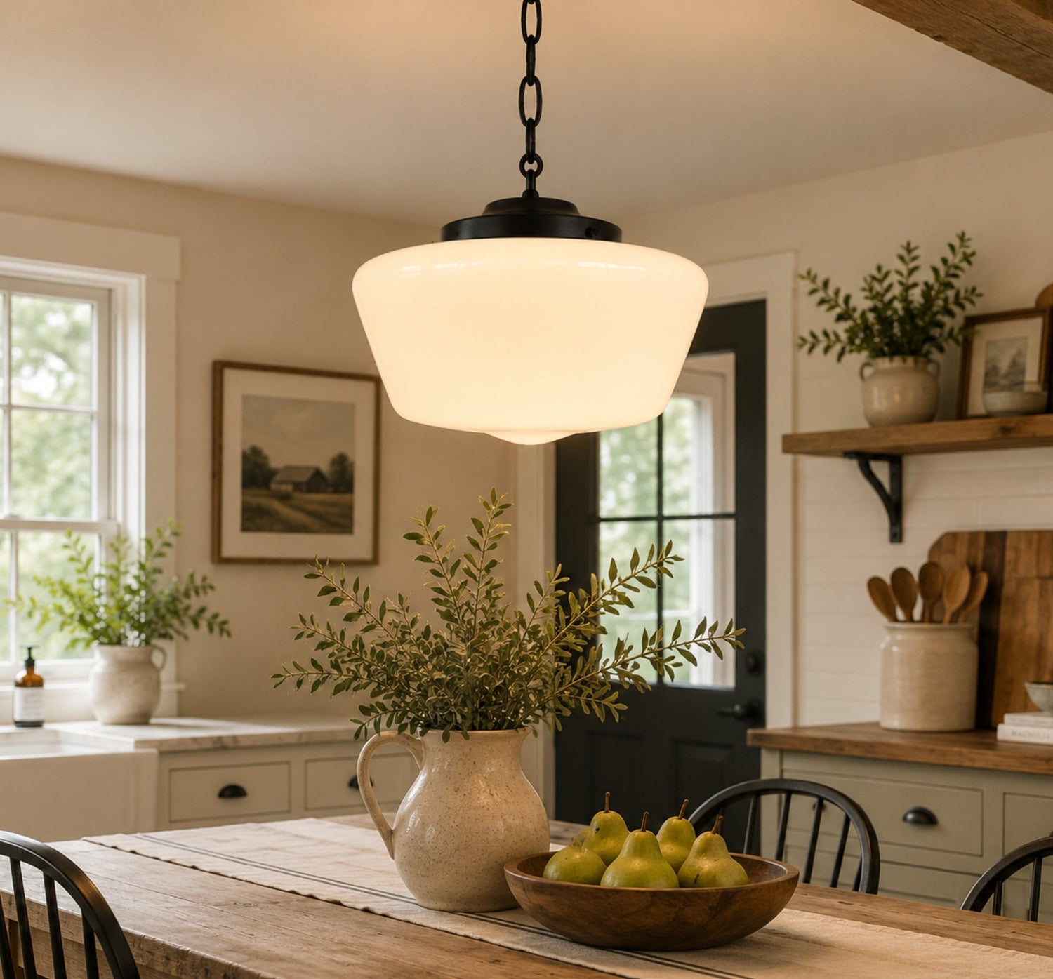 Large Antique Milk Glass Schoolhouse Pendant Light - 12"